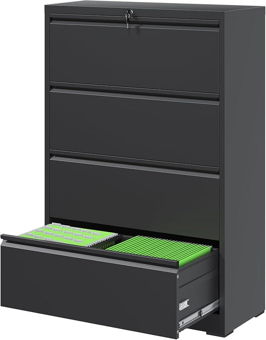 File Cabinets 4 Drawer,Metal Office Storage Filing Cabinet with Lock,Black Lateral Filing Cabinet for Home Office,Horizontal Locking File Cabinets for Legal/Letter/A4,Assembly Require,Black