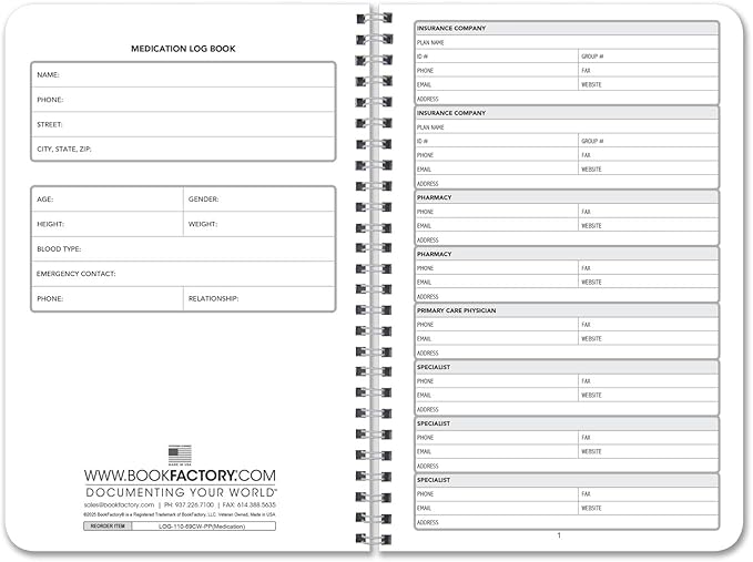 BookFactory Medication Log Book Daily Medicine, Pills, Drug, Prescription, Medications and Reaction Tracking Record Journal Logbook - Wire-O, 110 Pages, 6'' x 9'' LOG-110-69CW-PP(Medication)