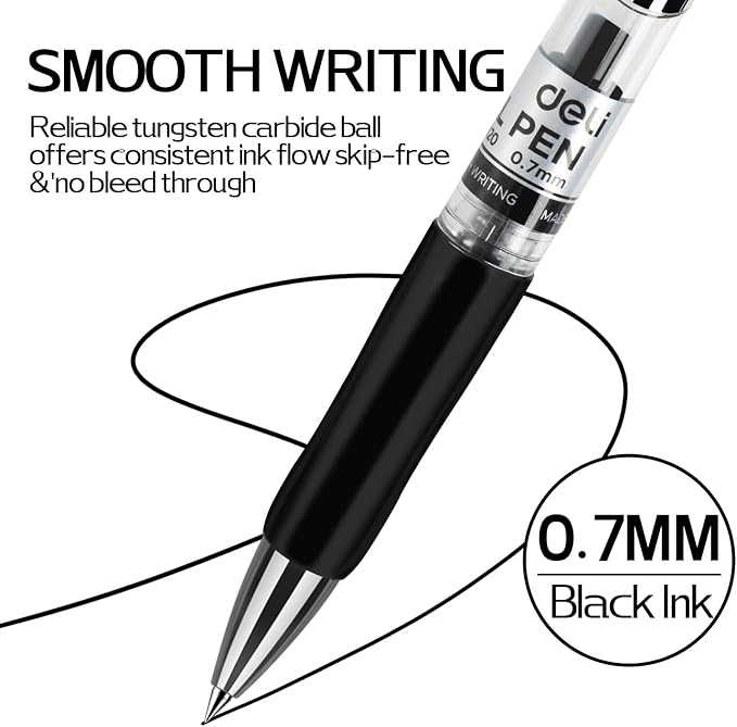 deli Gel Pens, 30 Pcs Retractable Pens Black Ink, Medium Point Pen Bulk 0.7mm, Smooth Writing, Fast Dry, No Bleed for Journaling Note Taking, Home School Office Supplies