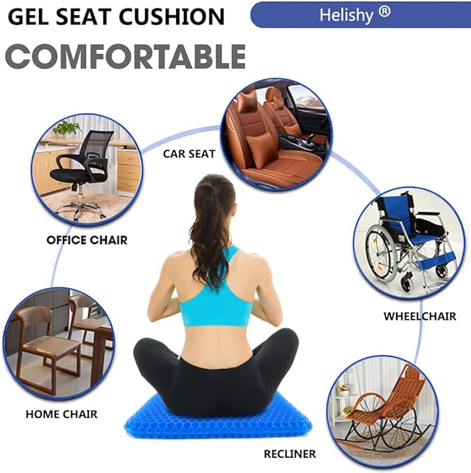 Gel Seat Cushion, Extra Large Breathable Honeycomb Gel Cushion, Absorbs Pressure Points Seat Cushion with Non-Slip Cover for Office Chair Home Cars Wheelchair (Standard, Blue)