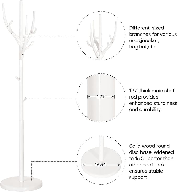 Coat Rack Freestanding, Wooden Coat Rack Stand with 16.5" Round Base, Tree Branch-look, 72" Coat Tree Standing Heavy Duty Clothes Hanger with 12 Hooks for Corner Entryway, White
