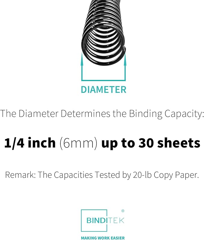 Binditek 100 Pack Plastic Spiral Binding Coils, 6mm(1/4"), 30 Sheet Capacity, 4:1 Pitch, Black, 48Loops, for Letter Size, for Students and Coworkers