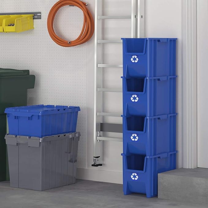 Commercial Industrial Heavy Duty Stackable Open-Front Recycling Bin Box Containers, 7 Gallon, 4 Pack, Blue