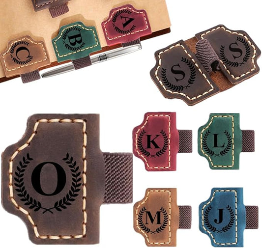 Custom Bookmark with Pen Holder with 26 Letters Personalized Magnetic Leather Book Mark, Customized Name Book Marker Clip with Initial for Men Women, Gifts for Book Lovers, Readers, (Coffee, O)
