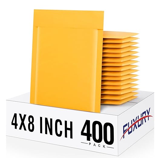 Fuxury Kraft Bubble Mailers 4x8" 400Pack Padded Envelopes Thick Bubble Envelopes Usable Size 4x7" Waterproof Cushioned Padded Mailers Packaging for Small Business #000 Yellow