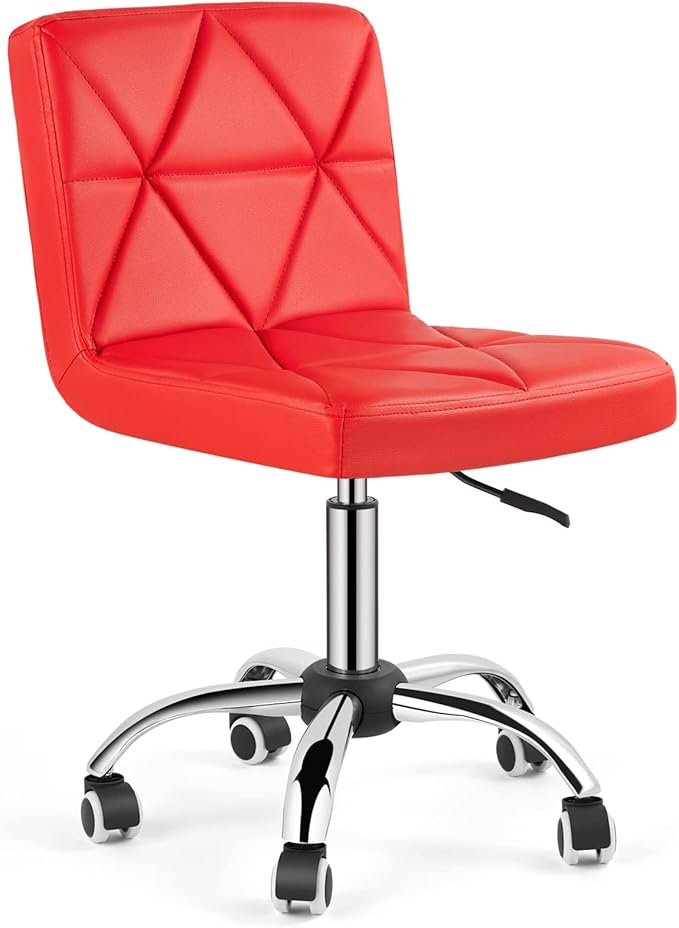 COSVALVE Armless Desk Chair, Mid Back Swivel Office Chair, Adjustable Task Chair with Rolling Wheels and Diamond Pattern, for Home Computer Barber, Red
