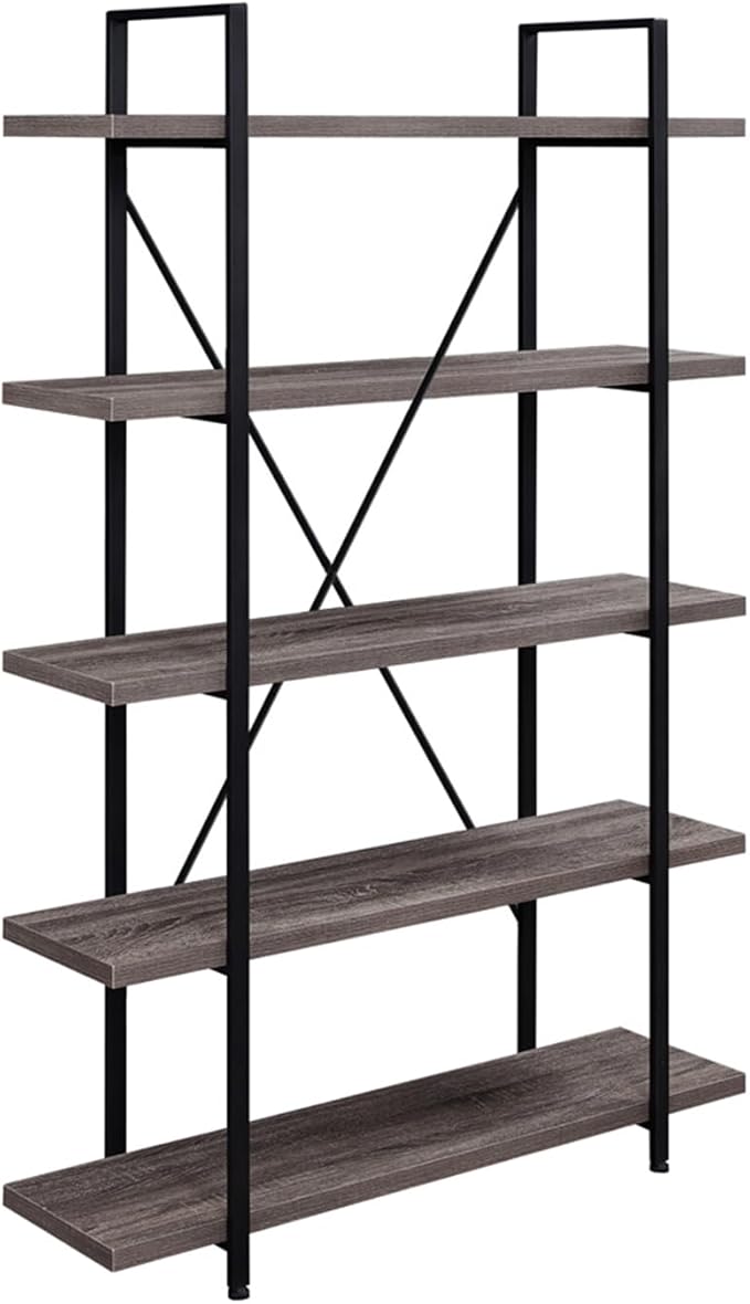 HSH 5-Shelf Vintage Industrial Rustic Bookshelf, 5 Tier Wood and Metal Bookcase, Open Etagere Book Shelf, Farmhouse Wooden Bookshelves, Light Grey Oak