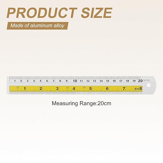 HARFINGTON 2pcs Metal Straight Ruler 20cm Metric SAE Aluminum Alloy Measuring Rulers Scale Tool with Hole for Measure Study Reading Classroom Office, Yellow