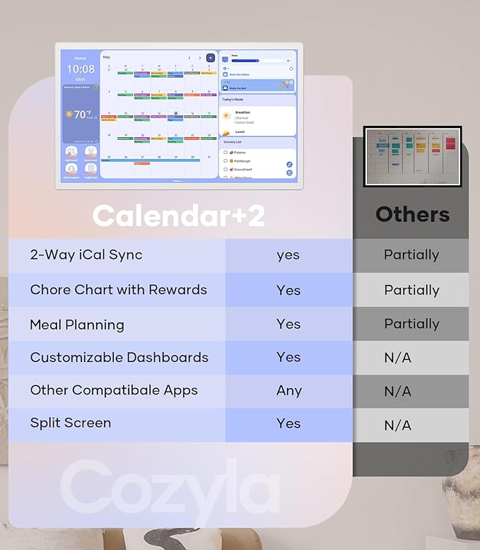 Cozyla Digital Calendar+ 2: 24 inch Wall Planner Touch Screen Chore Chart Customize Dashboard Smart Electronic Calendar for Family Schedules Meal Planner Support Any Google Play App Wall Mount White