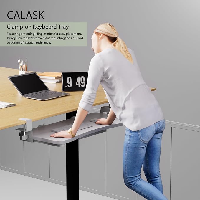 Desktop Keyboard Tray, Under Desk Pull Out,25.59" X 11.81" Large Size Radian Keyboard Tray with C-Clip Mount, Easy Installation, Computer Keyboard Stand, for Home Study and Office(White)