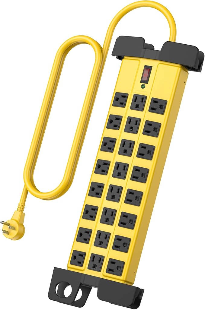 HHSOET Heavy Duty Power Strip with Surge Protection, Industrial Commercial Metal 24 Outlets Wall Mount for Garage Shop, 15 Amp, Switch, 6FT Extension Cord, Yellow.
