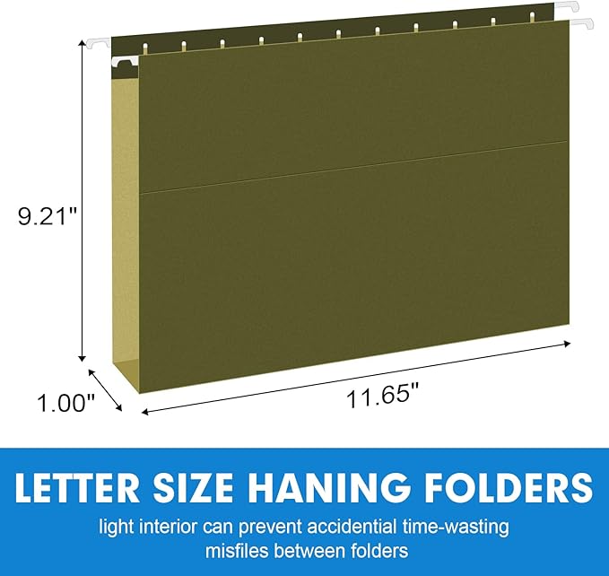 Extra Capacity Hanging File Folders, RAZCC 60 Pack Letter Size Reinforced Hanging Folders with Heavy Duty 1 Inch Expansion for Bulky Files, Filing Cabinet, Adjustable Tabs, Green