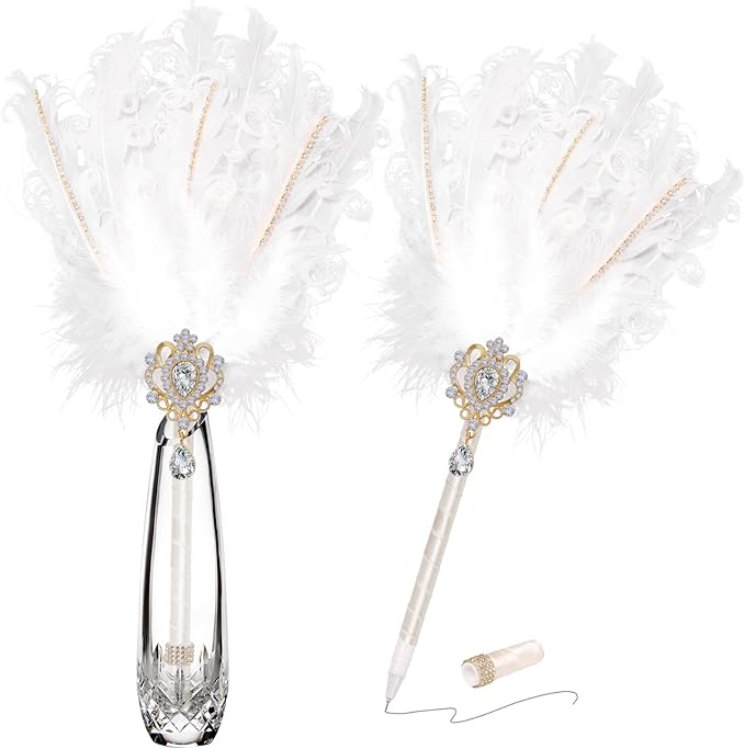 CROWN GUIDE Luxury Feather Quill Pen with Shiny Rhinestones & Curled Goose Feathers- Wedding Guest Book Pen, Great Gatsby/HP Party Supplies, Bridal Shower Gift with Rose Gold Heart Charm (13.8",Pink)