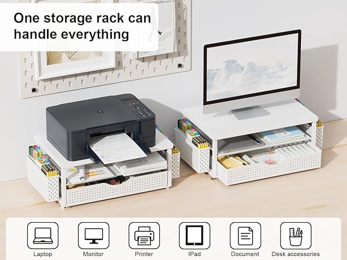 gianotter Wood Monitor Stand Riser, Office Desk Shelf Organizer, Desk Organizer with Drawer and Pen Holder, 2-Tier Computer Stand, Office Organization (Matte White)