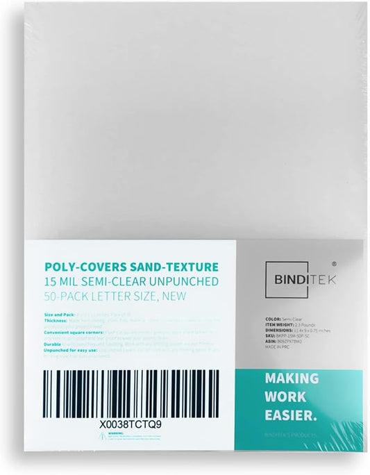 Binditek 50 Pack 15 Mil Frosted Polycovers, Semi-Transparent, 8-1/2 x 11 Inches, Lightly Textured Sand Finish, Square Corners, Unpunched Binding Covers, Office Supplies