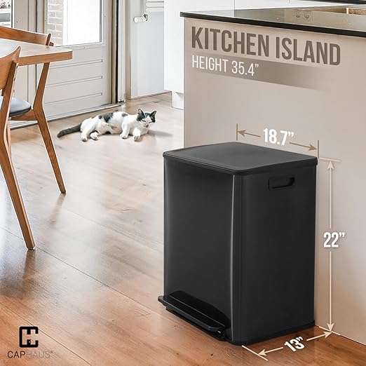 CAPHAUS Black Dual Trash Can w/Single Lid, Trash & Recycle Bins Combo, Hands-Free Stainless-Steel Garbage Can for Kitchen, with 2 Compartment, Hinged Lid, Odor Filters, Handles, 25L+25L, 2 x 6.6 Gal
