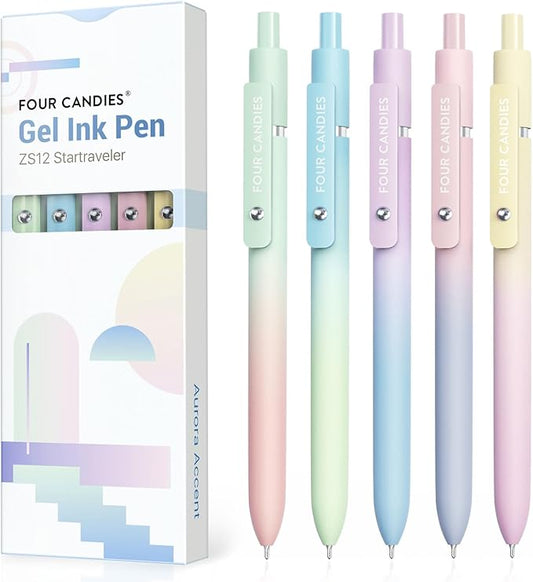 Four Candies Gel Pens, 5 Pcs 0.7mm Quick Dry Black Ink Pen Fine Point Smooth Writing Unique Pen, Office Home School Supplies Essentials Fun Pretty Cute Pens Gifts for Girl Women(Gradient)