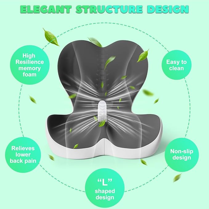 Buttocks Cushion for Office Chair Memory Foam Seat Pad for Butt Support Tailbone Relief Ergonomic Chair Cushion for Home Car Travel or Work (Double Gray)