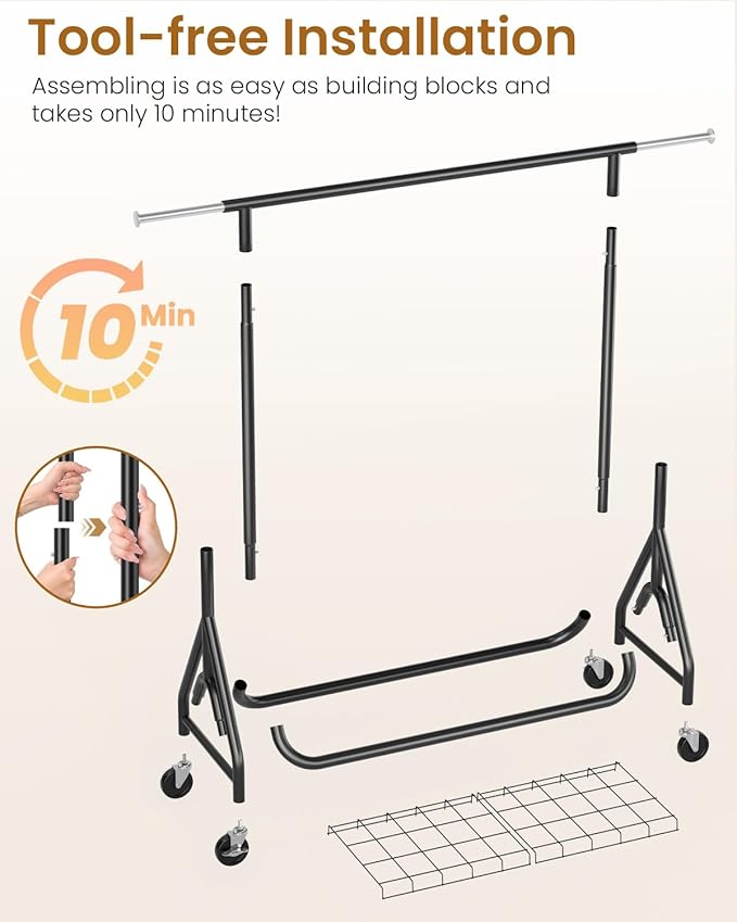 Heavy Duty Clothes Rack, Metal Clothing Rack Load 450 LBS, Rolling Coat Racks for Hanging Clothes with Lockable Wheels, Wardrobe Closet Garment Racks for Bedroom, Black