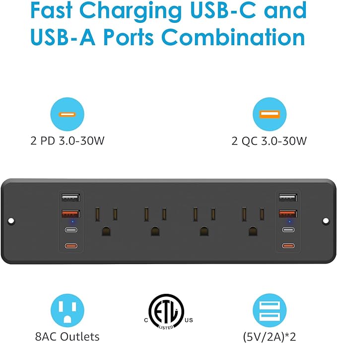 HHSOET 8 Outlet Recessed Power Strip, 30W Fast Charging Furniture Power Outlet USB C, Flush Mount Surge Protection Socket with 4 USB-A and 4 USB-C, 6ft Power Cord. (Black)