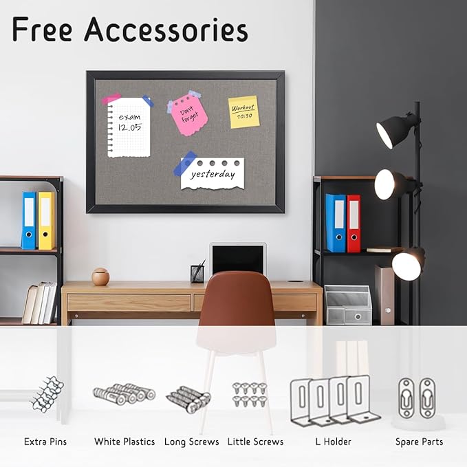 Bulletin Board 36 x 24 Inch, 100% Wood Framed Canvas Cork Board with Grey Fabric, Wall Mounted Notice Board for Home Office School