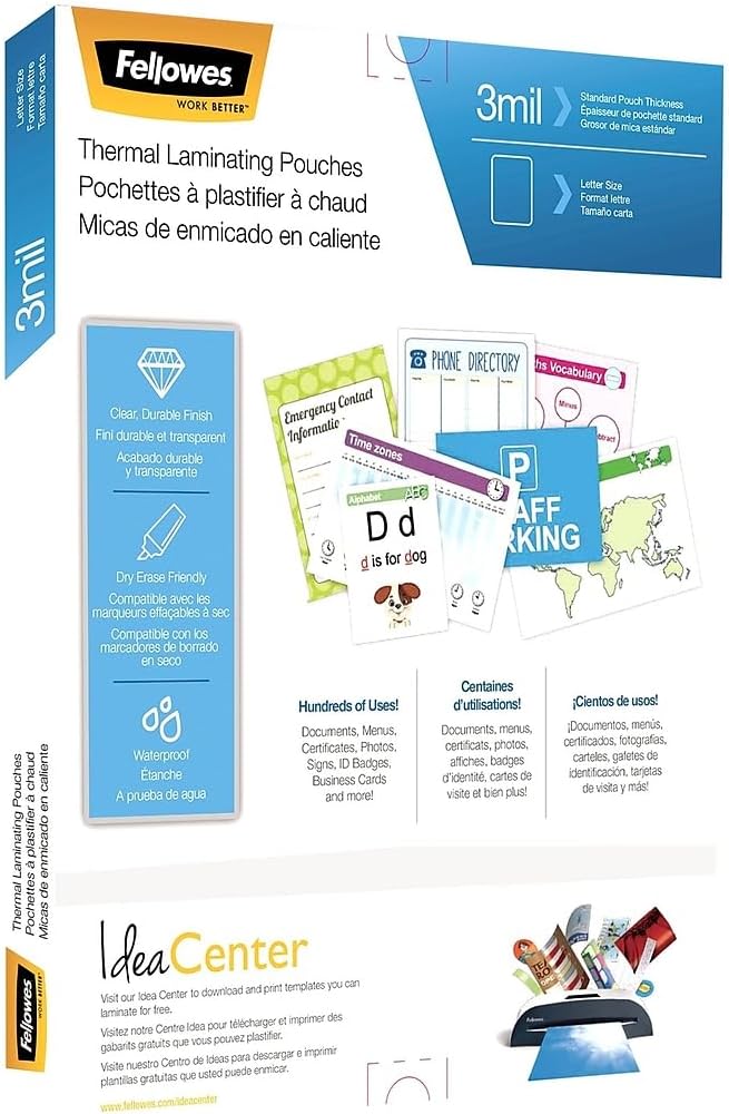 Fellowes Thermal Laminating Pouches/Sheets, Letter Size 9 x 11.5-Inches, 3 mil, 100 Pack (5743301)