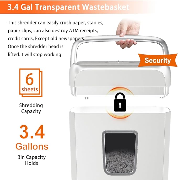 Bonsaii Low Noise Operation Paper Shredder, 6-Sheet Cross-Cut, Credit Card Shredder, Home Office, Handle for Document, Mail, Staple, 3.4 Gal Wastebasket, Easy-Carry Handle, White(C237-B)