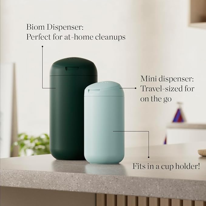 Biom Mini Dispenser + Hand Sanitizing Wipes Starter Kit - Eucalyptus Scented, Biodegradable, Kid-Safe | Fits in Cup Holder | All Natural, Plant-Based Non-Toxic Wipes with Aloe for Soft Skin (Midnight)
