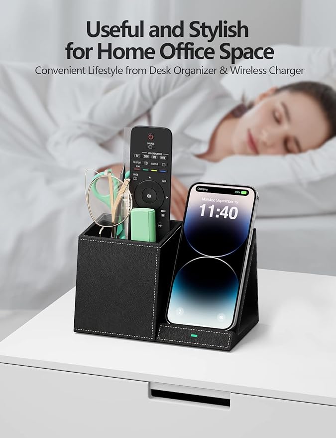 Desk Supplies Organizer, Multi-Functional Pencil Pen Holder with Wireless Charger, Desktop Stationery Organizer, Home Office Supply Storage Box Caddy (Black)