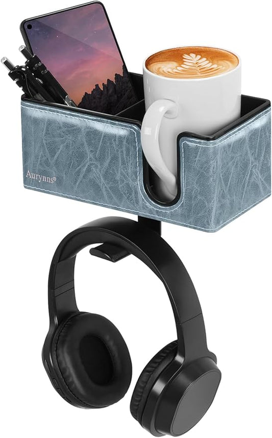 Desk Cup Holder Clip on Pen Holder Headphone Hanger Headset Stand Rotatable Clamp Hook Under Desk (Sky Blue)