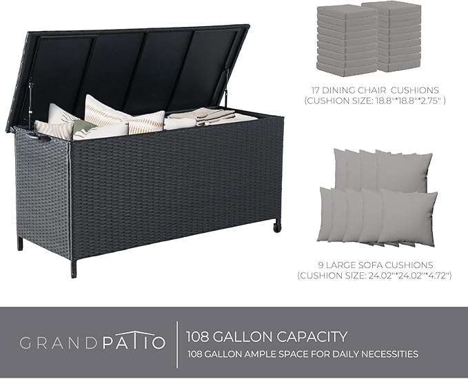 Grand patio 108 Gallon Deck Storage Box Indoor Outdoor Wicker Bin for Patio Furniture Cushions Garden Tools Pool Accessories, Black