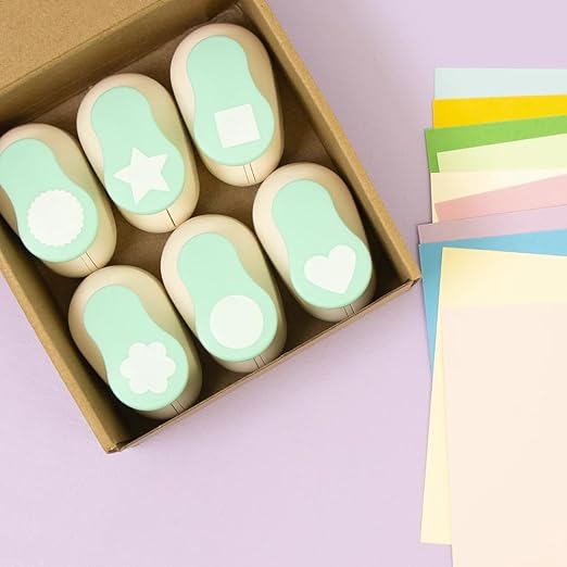 Craftelier - 1 inch Hole Punch Set of 6 for Paper Crafts + 10 Cardstock Colored Paper | Circle, Star, Heart, Scalloped Circle, Square & Flower | Punch Sets for Scrapbooking & Cardstock.