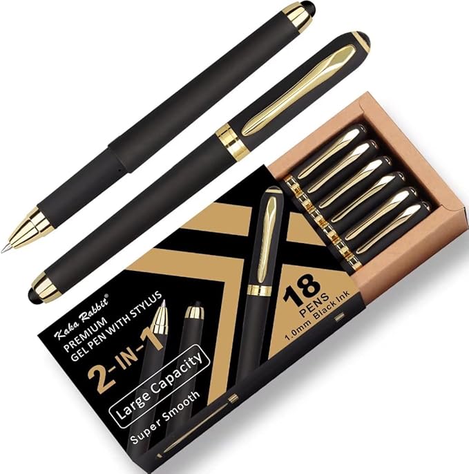 Gel Ink Rollerball Stylus Pen - 18 Pack,1.0mm Gel Pen Bold Point,2 in 1 Capacitive Stylus Pen,Large Capacity Black Ink,Writing Smoothly for Office,Business,Gift,Metal Gold Clip