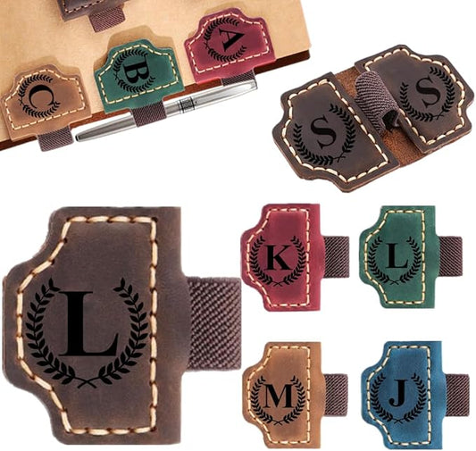 Custom Bookmark with Pen Holder with 26 Letters Personalized Magnetic Leather Book Mark, Customized Name Book Marker Clip with Initial for Men Women, Gifts for Book Lovers, Readers, (Coffee, L)