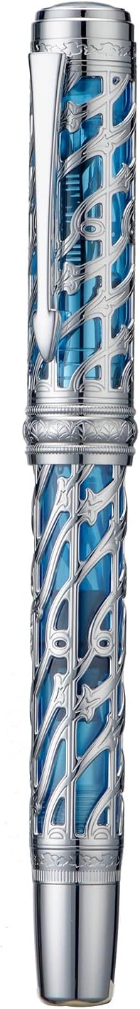 Hongdian A6 Piston Fountain Pen Extra Fine Soft Nib, Silver Blue Hollow Skeleton & Resin Pen with Metal Case Set