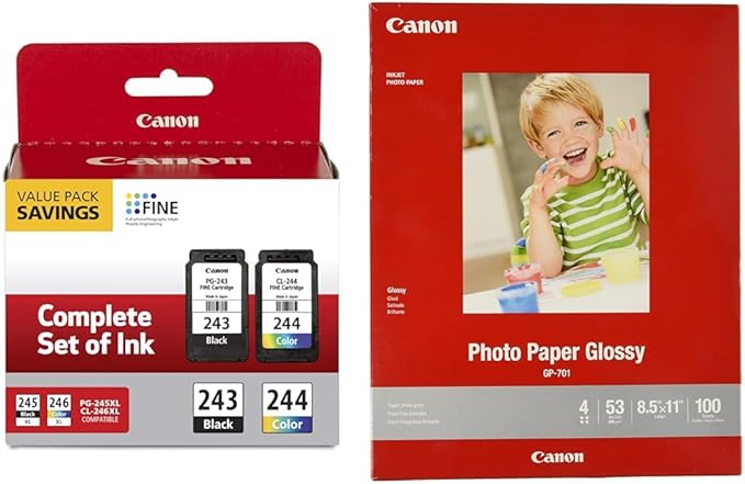 Canon PG-243/ CL-244 Ink Multi Pack, Compatible to TR4520, MX492, MG2520, MG2922, TS302 and TS202 & nk Glossy Photo Paper 8.5" x 11" 100 Sheets (1433C004)