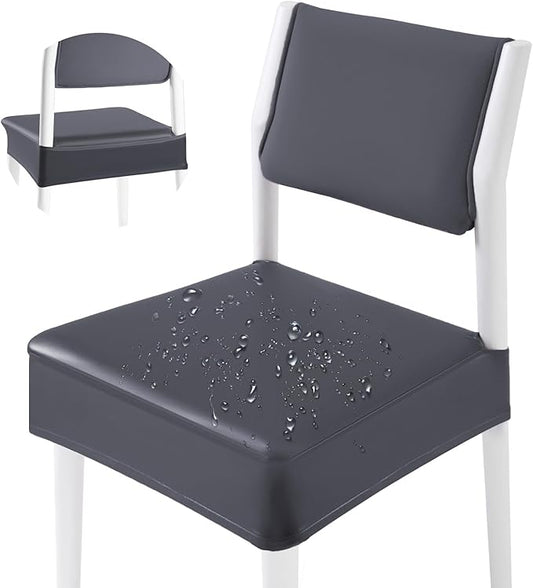 CWK Waterproof PU Leather Dining Chair Covers Set of 6 - Stretchable Chair Seat Slipcovers, Removable & Washable Protector for Dining Room,Home,Office,Wedding,Rear Covers (PU-Grey)