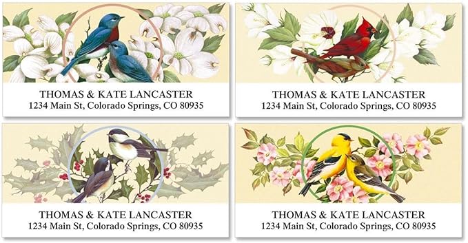 Colorful Images Birds and Blossoms Return Address Mailing Labels, Personalize with Name & Addresses, Set of 144 Self Adhesive, Easy Peel Flat Label Sheets, 1 ⅛ x 2 ¼”, 4 Designs