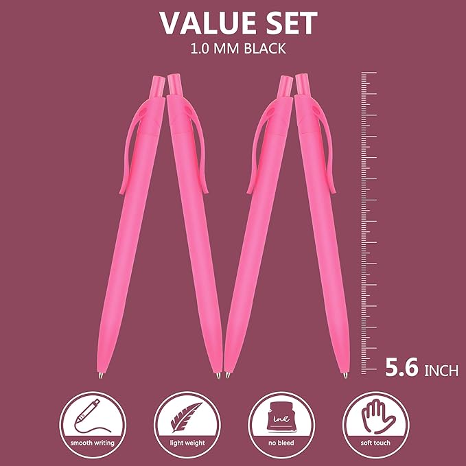 Deegtran Pens Bulk, 100 Pack No Bleed Pink Barrel Click Pens, Medium Point, Smooth Ink, 1.0MM Black Ink