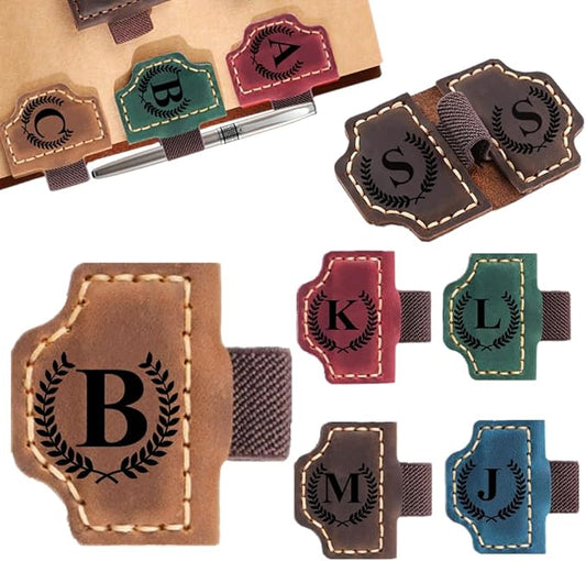 Custom Bookmark with Pen Holder with 26 Letters Personalized Magnetic Leather Book Mark, Customized Name Book Marker Clip with Initial for Men Women, Gifts for Book Lovers, Readers, (Brown, B)