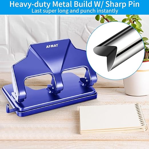 Heavy Duty 3 Hole Punch, 40-Sheet Heavy Duty Paper Punch, 50% Reduced Effort 3-Hole Punch, AFMAT Metal Hole Puncher 3 Ring, Three-Hole Paper Puncher w/Large Chip Tray for Classroom, Office, Blue