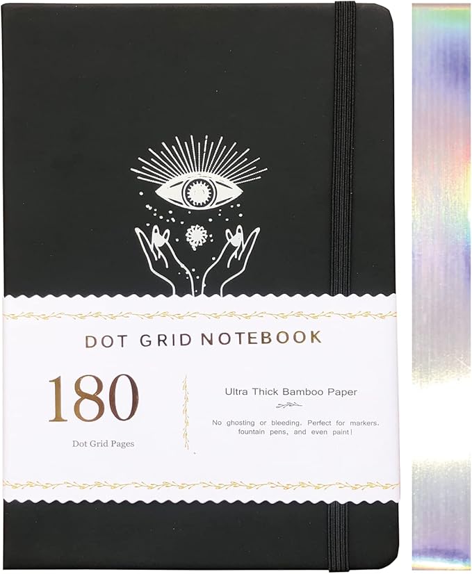 Dotted Notebook Journal 180GSM Bamboo Thick White Paper 160 Pages 5 * 5MM Dot Grid, Lay Flat Binding,Colored Silver Edges, Bookmarks and Expandable Back Pocket (BKP-9)