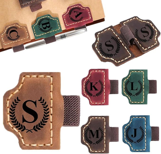 Custom Bookmark with Pen Holder with 26 Letters Personalized Magnetic Leather Book Mark, Customized Name Book Marker Clip with Initial for Men Women, Gifts for Book Lovers, Readers, (Brown, S)