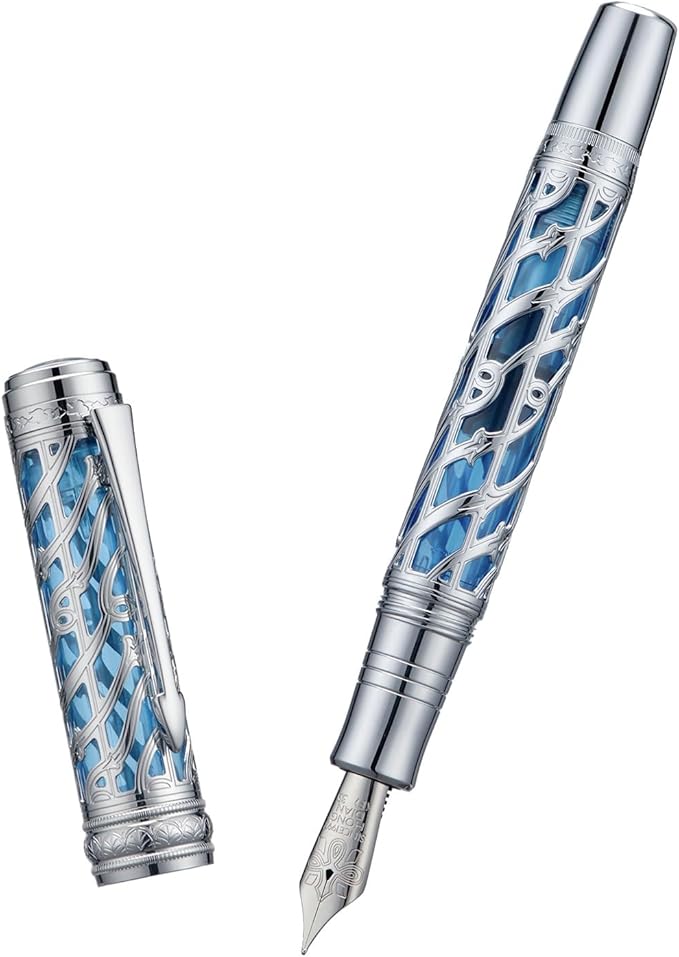 Hongdian A6 Piston Fountain Pen Extra Fine Soft Nib, Silver Blue Hollow Skeleton & Resin Pen with Metal Case Set