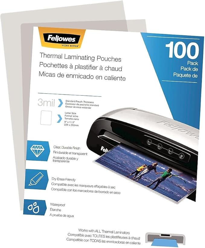 Fellowes Thermal Laminating Pouches/Sheets, Letter Size 9 x 11.5-Inches, 3 mil, 100 Pack (5743301)