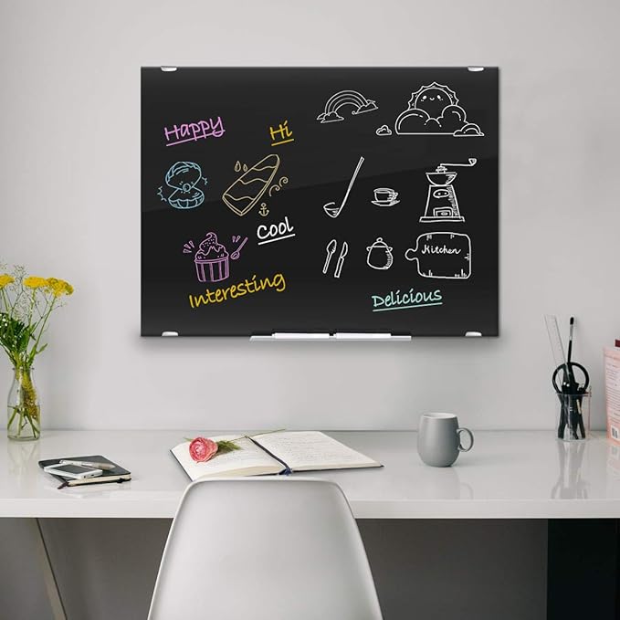 Black Dry Erase Board Magnetic Glass Board, 24x18 Tempered Glass Black Whiteboard for Wall, ZHIDIAN Glass Bulletin Board Framless Blackboard for Office, 2x1.5ft
