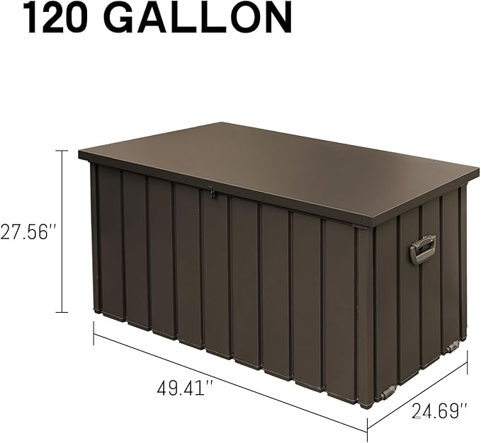 Domi Outdoor Storage Deck Box 120 Gallon, Waterproof Lockable Steel Outdoor Storage Container for Outside Cushions, Garden Tools and Pools Equipment, (Brown)