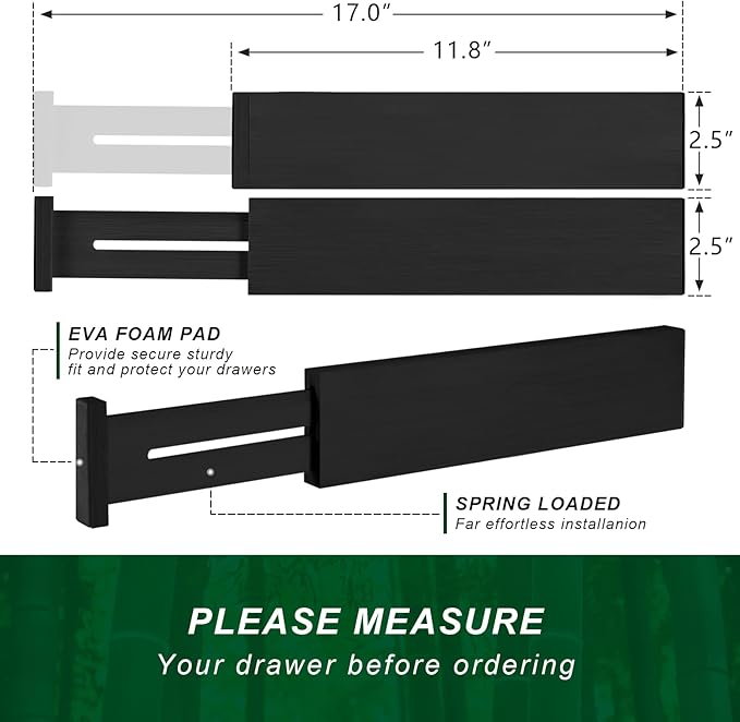 FJO 4 Pack Adjustable Bamboo Drawer Dividers - 11.8" - 17" Expandable Drawer Separators for Kitchen, Utensils, Clothes, Bedroom, Dresser, Bathroom (Black)