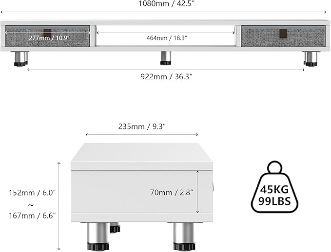 Fenge Dual Monitor Stand with 2 Drawers, 42.5 Inches Large Computer Riser for Desk, Adjustable Height Desk Shelf with Storage for Laptop, PC, TV, Printer