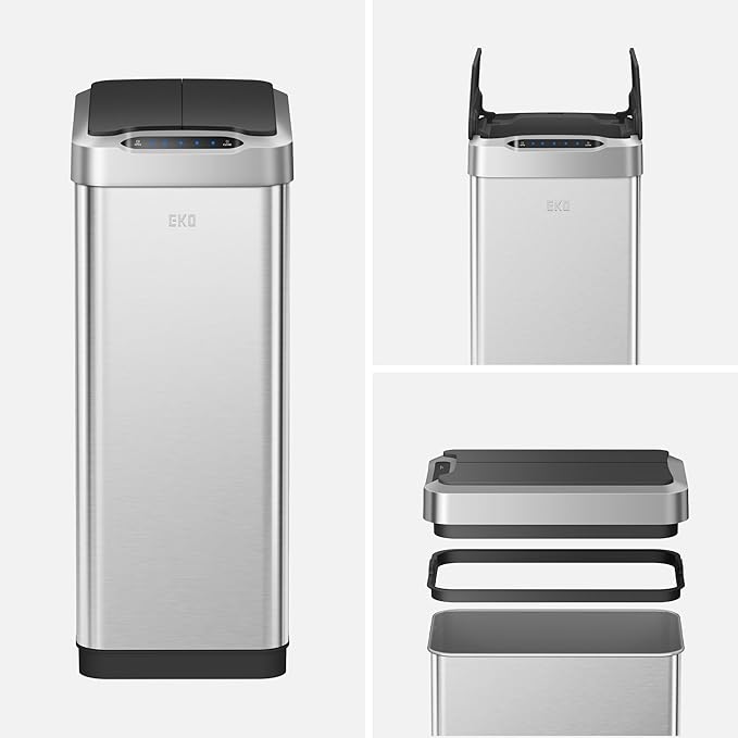 EKO Phantom-T 50 Liter / 13.2 Gallon Vertical Motion Sensor Trash Can, Brushed Stainless Steel Finish